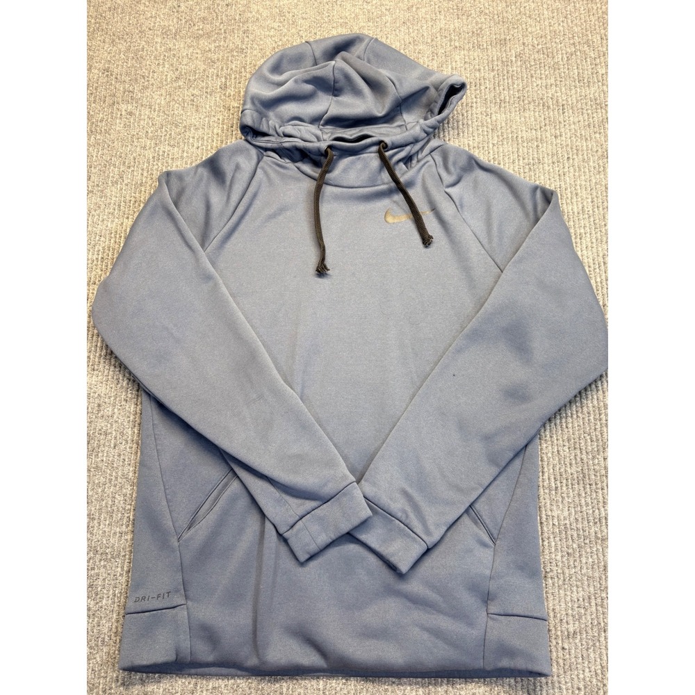Nike Dri-FIT Hoodie Womens Small Blue Pullover Sweatshirt Gold Swoosh Logo